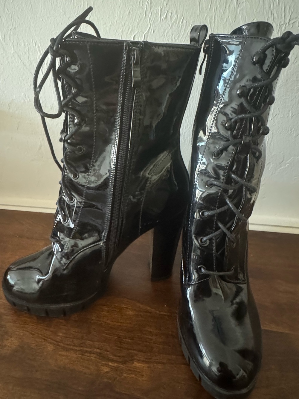 Source Unknown Black Patent Lace-Up High Heel Ankle Boots